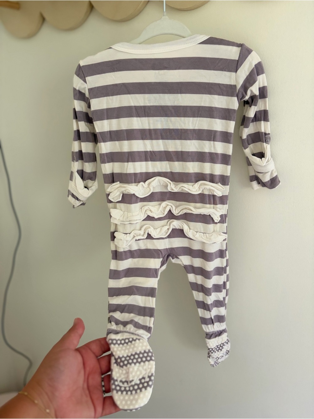 Kickee Pants Cream & Light Purple Striped Ruffle Footie